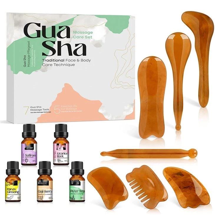 Ferramentas faciais de Gua sha e conjunto de óleo de massagem