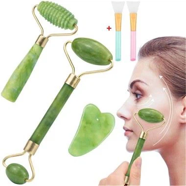 Kit de massagem facial para olhos com rolo de jade de cabeça dupla para cuidados com a pele